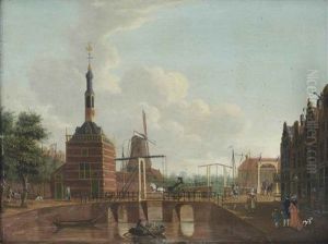 A View Of A Alkmaar, With The 'accijnstoren' On The Bierkade And The Mill 'de Bul', Carriages On The Bridges And Towns Folk At Their Daily Activities by Hendrik Keun