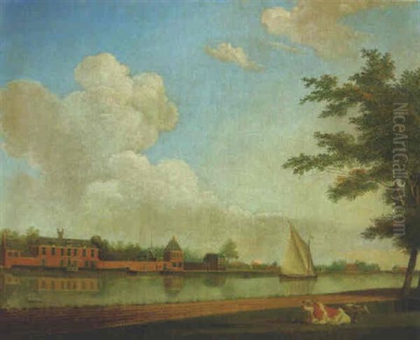 A Canal With Cattle Resting On A Bank, A Walled Mansion Beyond - view 1
