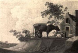 A Peasant Milking A Cow Near A Farm