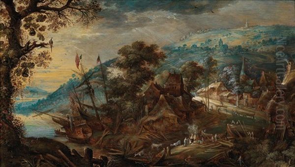 A Wooded Mountainous Landscape With A Shipyard - view 1
