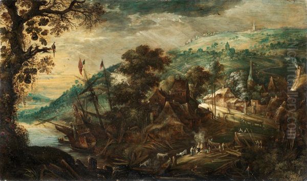 Figures Around A Fire, Before An Extensive River Landscape, With A Ship Moored In The Distance - view 1