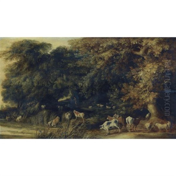 A Wooded Landscape With Animals Drinking At A Stream - view 1