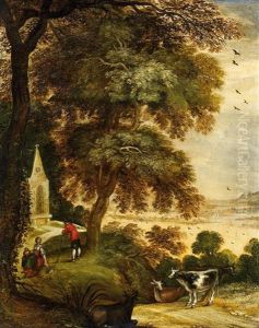 Waldlandschaft Mit Kuhen Und Wanderern Vor Einer Kapelle Waldlandschaft Mit Kuhen Und Wanderern Vor Einer Kapelle