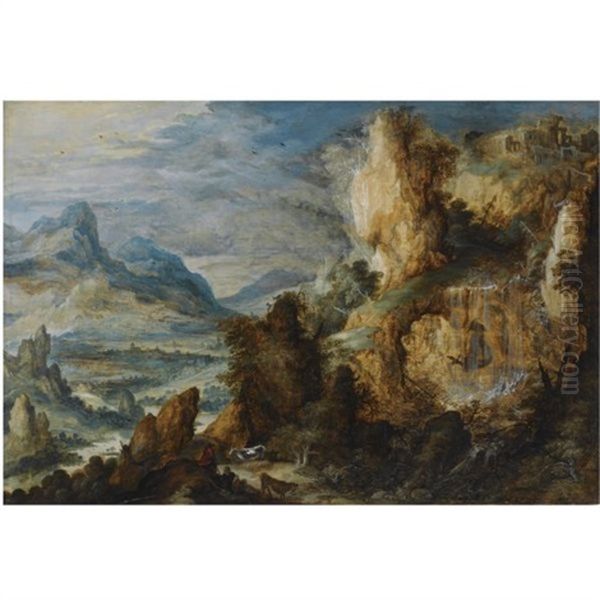 A Panoramic Mountainous Landscape, With Two Shepherds And Their Cattle Resting Along A Path In The Foreground - view 1