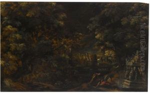 Pyramus And Thisbe In A Moonlit Wooded Landscape by Kerstiaen de Keuninck