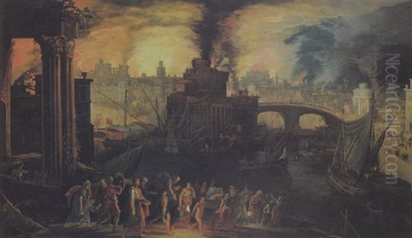 Der Brand Von Troya, Aeneas Und Seine Familie Fliehen Aus Der Brennenden Stadt - view 1