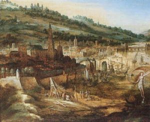 A View Of Antwerp With The Onze Lieve Vrouw Cathedral And A Shipbuilder's Yard And The Figure Of Fortuna A View Of Antwerp With The Onze Lieve Vrouw Cathedral And A Shipbuilder's Yard And The Figure Of Fortuna