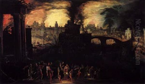 Aeneas And His Family Fleeing The Burning City Of Troy by Kerstiaen de Keuninck