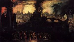 Aeneas And His Family Fleeing The Burning City Of Troy by Kerstiaen de Keuninck