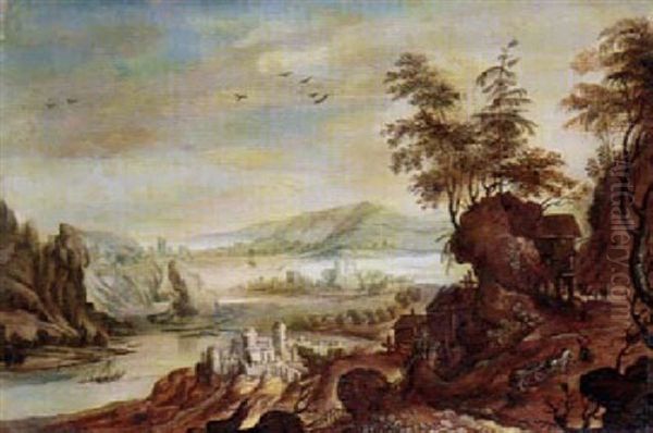 Gebirgige Fluslandschaft Mit Burgen - view 1