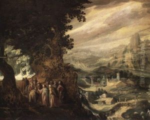 Christ Accompanied By Apostles On A Mountian Road Blessing A Pilgrim