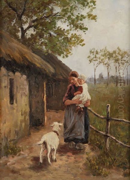 Bergere Aux Chevres Et Enfant Pres De L'etable - view 1