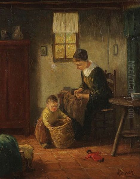 Interieur Paysan Hollandais Anime D'une Mere Et Enfant Faisant Des Travaux Domestiques - view 1