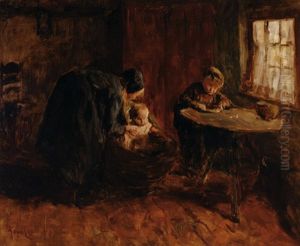 Interior With Mother And Two Children by Jacob Simon Hendrik Kever