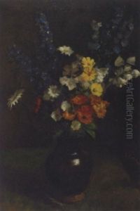 Blue Delphiniums, Bell-flowers, Daisies And Other Summer Flowers In A Vase