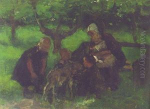 A Mother And Her Children With A Goat In An Orchard by Jacob Simon Hendrik Kever
