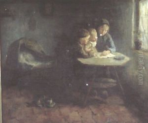 Dutch Interior, Depicting Children Reading At A Table by Jacob Simon Hendrik Kever