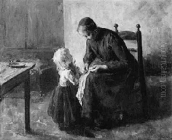 A Mother Mending Clothes With A Child Standing Nearby - view 1