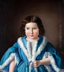 Portrait Of A Young Girl Wearing A Fur-trimmedblue Jacket by Heinrich Baur