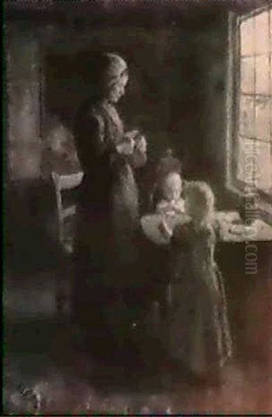 Mother Slicing Bread For Her Children - view 1