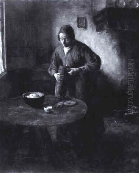 Interieur Mit Bauerin Beim Brotschneiden - view 1