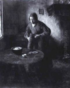 Interieur Mit Bauerin Beim Brotschneiden by Jacob Simon Hendrik Kever