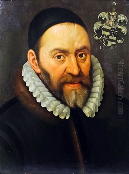 Shoulder Length Portrait Of A Bearded Gentleman Wearing A Ruff And Fur Trimmed Robe, With Armorial And Bearing Date To Top Right Hand Corner - view 1