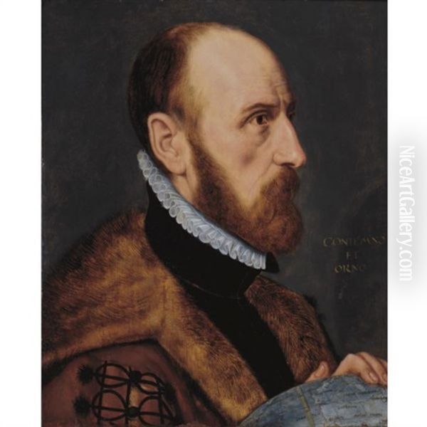 Portrait Of Abraham Ortelius, In Near Profile, Bust-length, Facing To The Right, Resting His Left Hand On A Globe - view 1