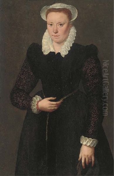 Portrait Of A Lady, Aged 28, Three-quarter-length, In A Black Dress With Brocade Sleeves, White Collar, Cuffs And Bonnet And With A Gold Chain Around The Waist - view 1