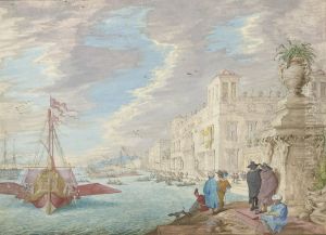 View Of An Italianate Harbour With Elegant Barges Setting Out Fromport by Johann Wilhelm Baur
