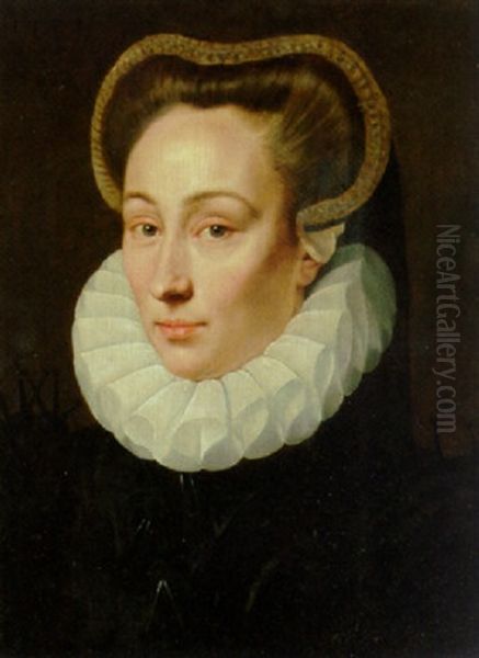 Portrait Of A Lady In A Black Brocade Dress With An Organza Ruff - view 1
