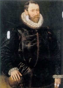 A Portrait Of Jacob Bas Claesz, Burgmaster Of Amsterdam, Wearing Black Costume With Right Hand Resting On A Skull