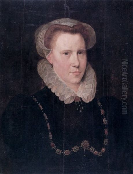 Portrait Of A Lady Wearing A Black Dress, A Ruff And A Gold Chain Encrusted With Precious Stones - view 1