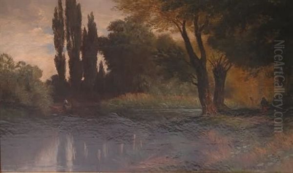 Sylvan Landscape With Figure Boating On River, Figure In Woods - view 1