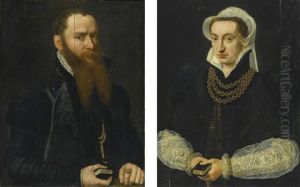 Portrait Of A Bearded Gentleman, Half Length, In A Black Doublet, Holding The Book Of Psalms; Portrait Of A Lady, Half Length In A Black Gown, Holding The Book Of Psalms