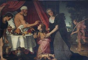 Isaac Blessing Jacob With The Presence Of Rebecca, With Esau Returning From The Hunt In The Background by Willem Adriaensz Key
