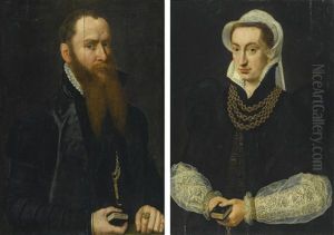 Portrait Of A Bearded Gentleman, Half Length, In A Black Doublet, Holding The Book Of Psalms; Portrait Of A Lady, Half Length In A Black Gown, Holding The Book Of Psalms (pair) by Willem Adriaensz Key