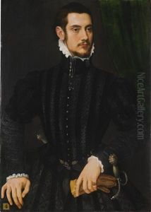 Portrait Of A Gentleman, Said To Be 'perari Di Cremona', Half-length, Wearing A High-collared Black Coat With White Cuffs And Collar, Holding A Pair Of Gloves, Standing Before A Green Curtain by Willem Adriaensz Key