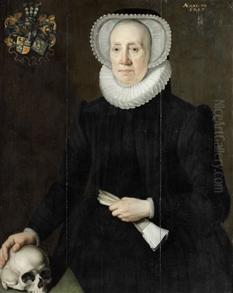 Portrait Of An Elderly Lady Of The Van Heemstra Family Of Friesland, Three-quarter-length, Holding A Pair Of Gloves And With Her Right Hand Resting On A Skull - view 1