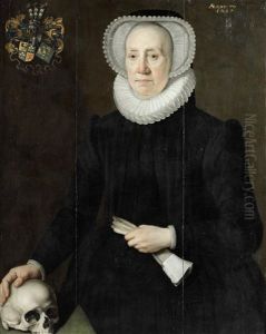 Portrait Of An Elderly Lady Of The Van Heemstra Family Of Friesland, Three-quarter-length, Holding A Pair Of Gloves And With Her Right Hand Resting On A Skull