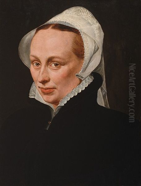 Portrait Of A Lady In A Black Dress With A White Collar And Lace Cap - view 1