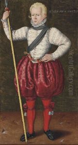 Portrait Of A Young Man In A White Embroidered Doublet And Red Pantaloons, A Pike In His Right Hand by Willem Adriaensz Key