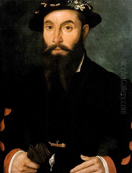 Portrait D'homme Au Chapeau Fleuri Tenant Ses Gants - view 1