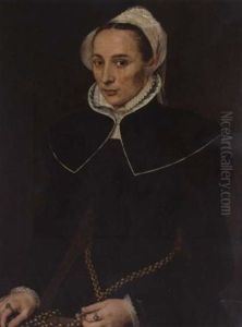 Portrait Of A Lady Wearing A Black Dress With A White Collar And Headdress, Holding A Gold Chain