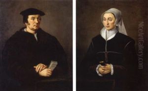 Bildnis Eines Herrn In Schwarzem Gewand Und Schwarzem Barett An Einem Tisch Mit Grunem Tuch by Willem Adriaensz Key