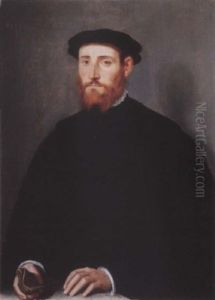 Portrait Of A Man, Called Jacobus Scharon, In Black Costume And Black Hat, His Gloves In His Right Hand by Willem Adriaensz Key