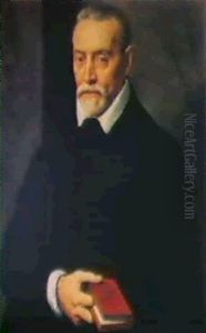 Portrait Of A Gentleman, Standing Half Length, Wearing A    Black Costume And Holding A Book In His Right Hand