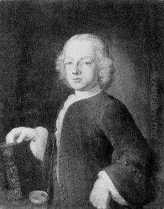 Portrait Of A Young Man Standing By A Table, A Small Dish With Butterflies Nearby