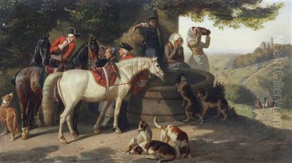 Hunting Party Stopping At A Fountain - view 1