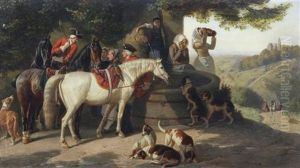 Hunting Party Stopping At A Fountain by Friedrich Wilhelm Keyl